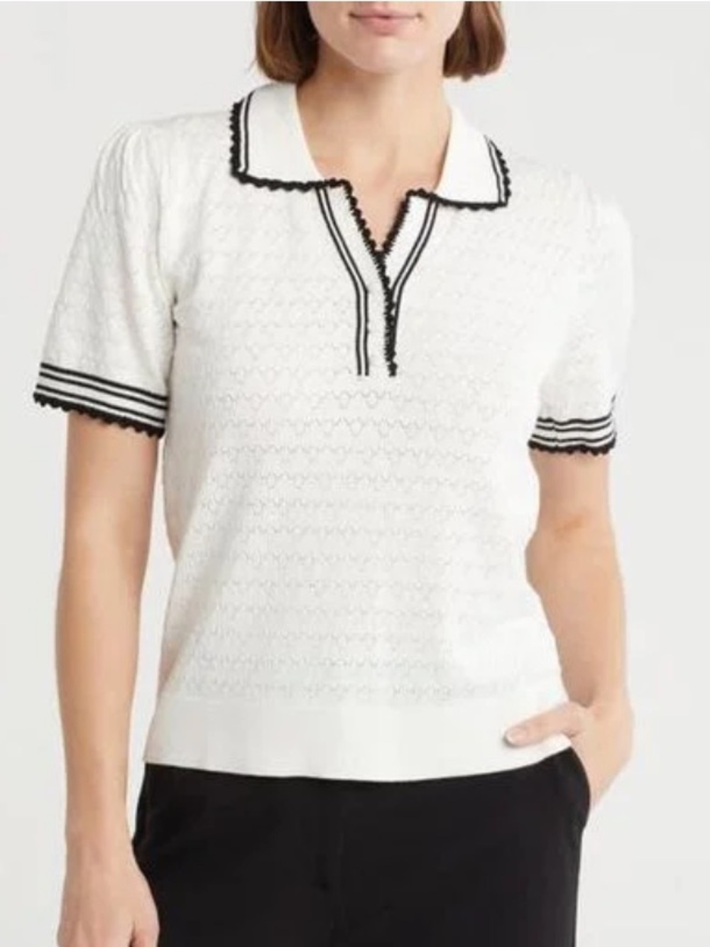 Adrianna Papell pointelle polo sweater women’s size knit large old money preppy